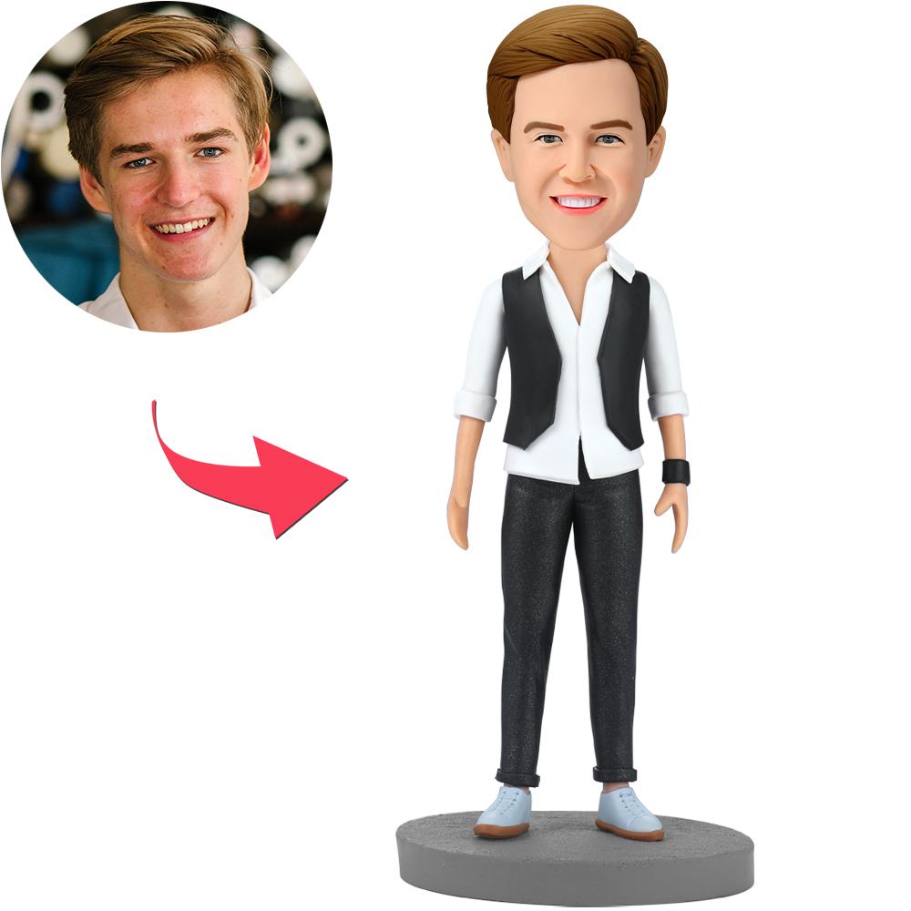Handsome modern man personalised bobblehead with engraved text, polymer clay figure with custom head made from your photo — perfect personalised gift