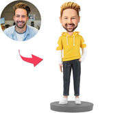 Fashion Man Wearing Yellow Hoodie Custom Bobblehead With Engraved Text