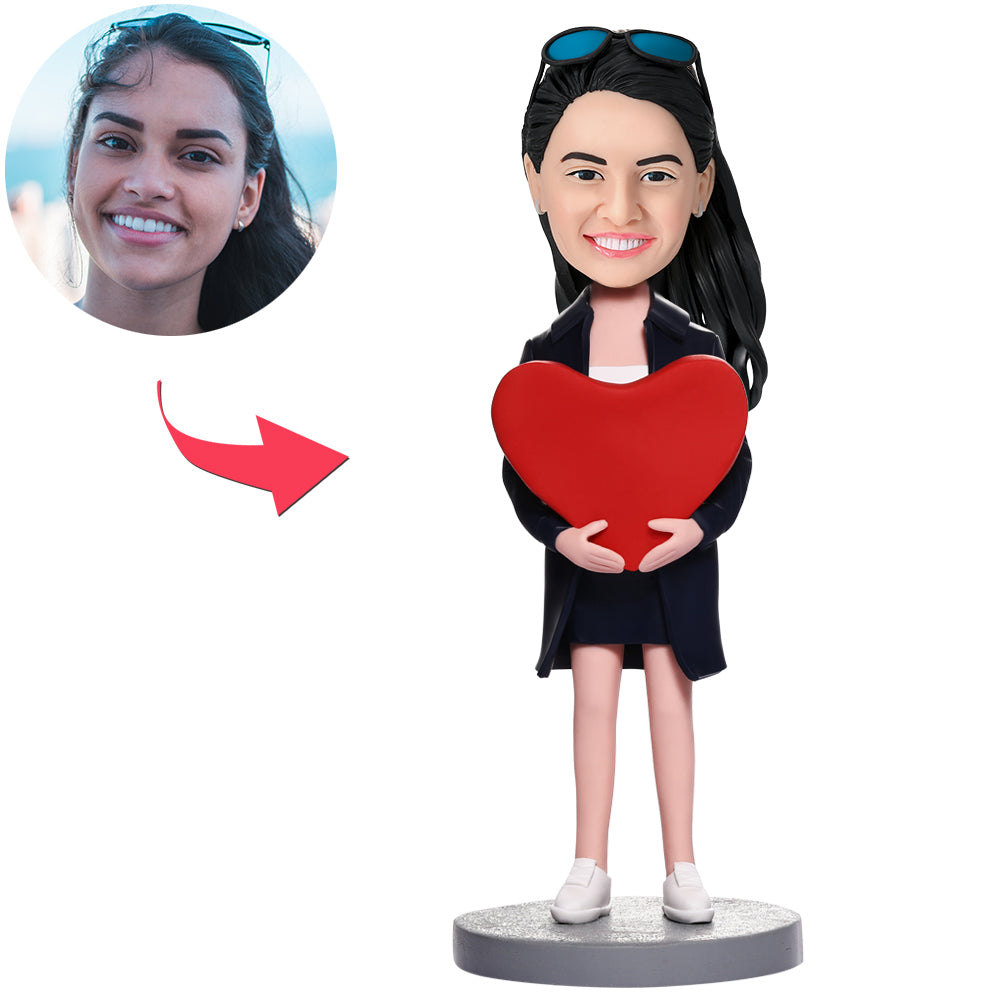 Custom women with heart bobblehead — personalised polymer clay figurine, front view showing customised female head and heart accessory; perfect personalised face gift and keepsake ornament