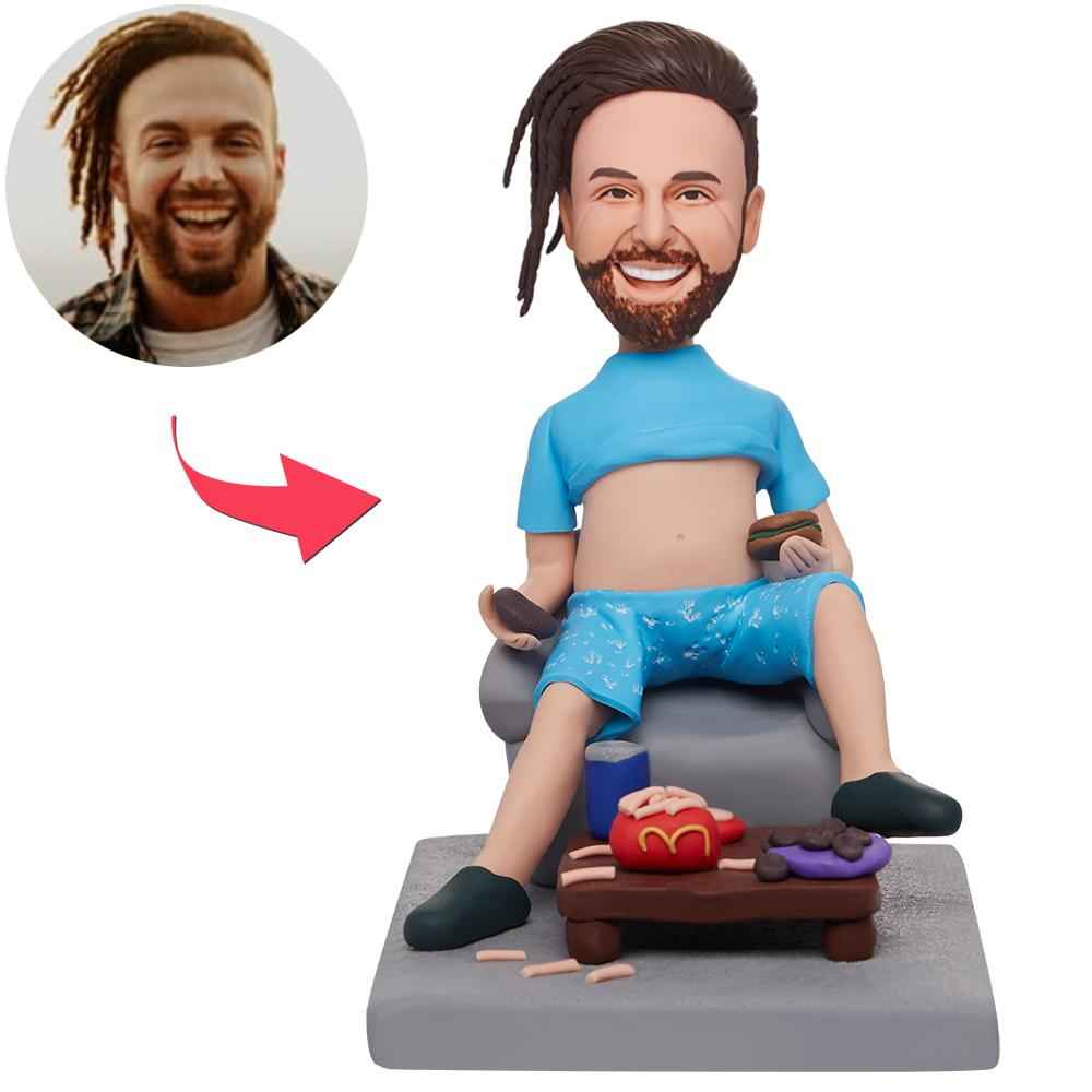 Custom Man Sitting In A Chair Eating Fast Food Bobbleheads With Engraved Text
