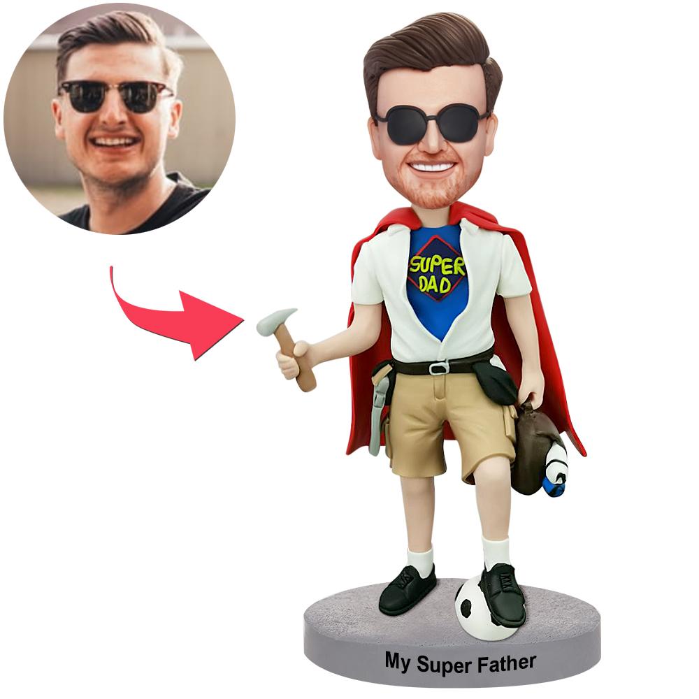 Almighty Hammer Dad personalised bobblehead in polymer clay — custom head likeness from your photos with engraved base text, ideal Father's Day or birthday gift