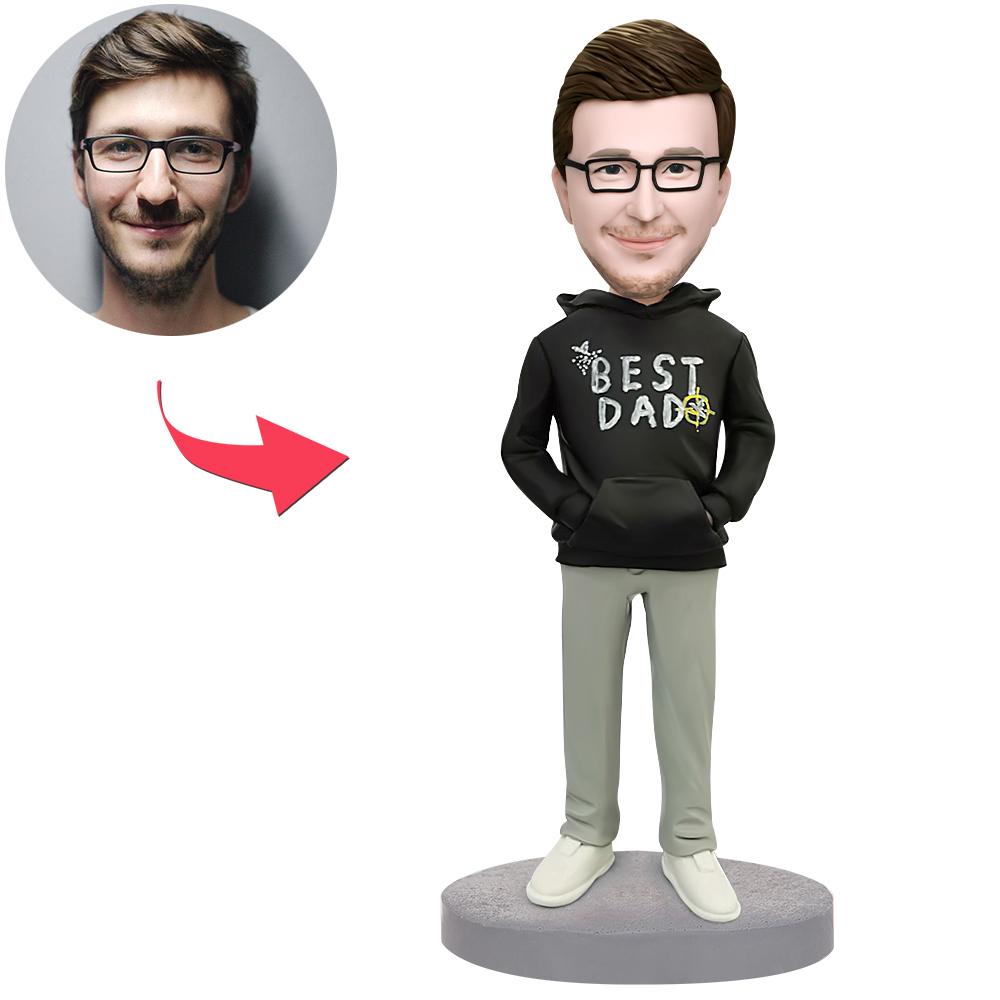 Best Dad in a Hoodie personalised polymer clay bobblehead with engraved base, custom head likeness — unique Father’s Day gift