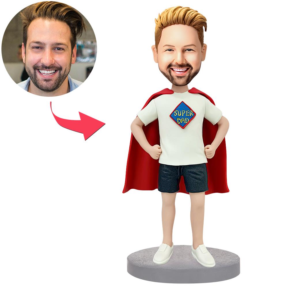 Casual Super Dad in cloak custom bobblehead, personalised polymer clay figurine with engraved text and customised head likeness, ideal Father’s Day gift in the UK and Australia