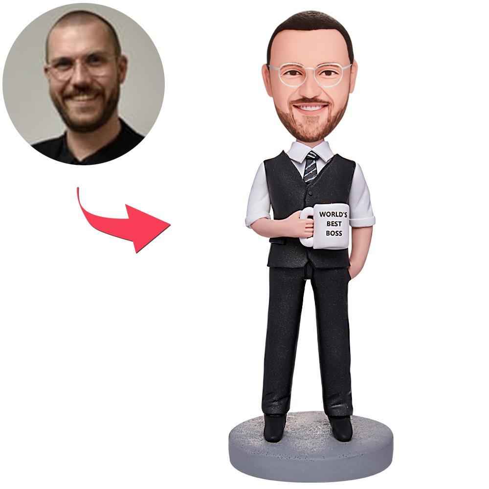 World's Best Boss Businessman Holding A Water Glass Custom Bobbleheads With Engraved Text