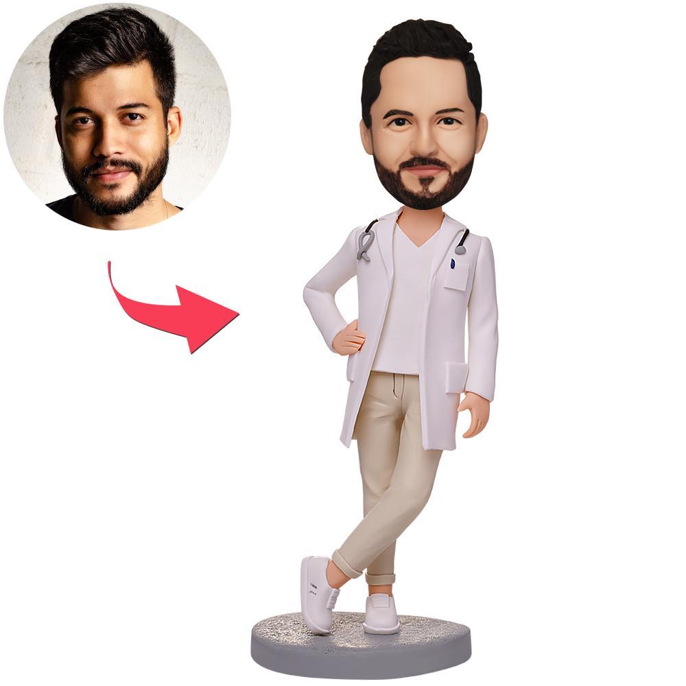 Personalised Doctor with Crossed Feet Bobblehead – handcrafted polymer clay doctor figurine with crossed feet, custom head sculpt from your photo and engraved text on the base, ideal medical graduation or GP desk gift