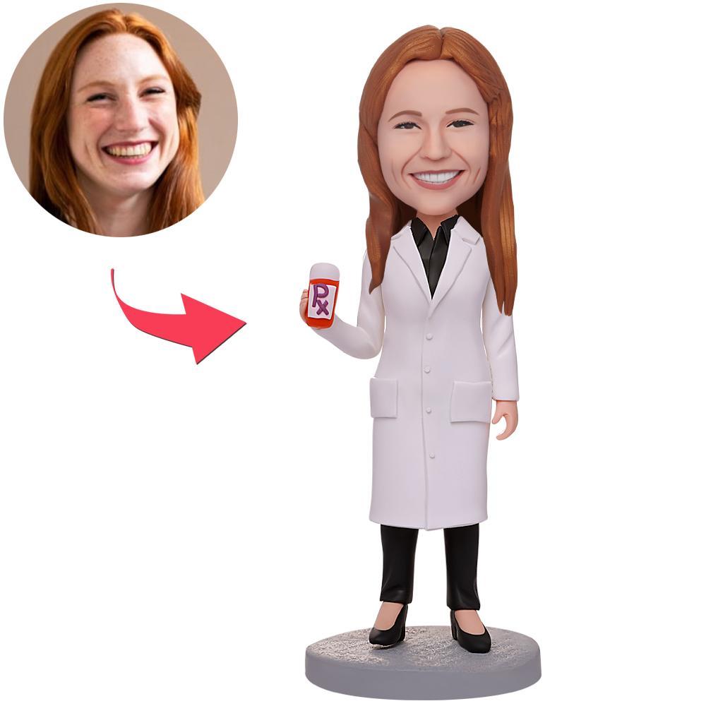 Handmade polymer clay personalised female laboratory worker bobblehead in lab coat with custom head sculpt and engraved base – custom lab worker bobblehead Australia