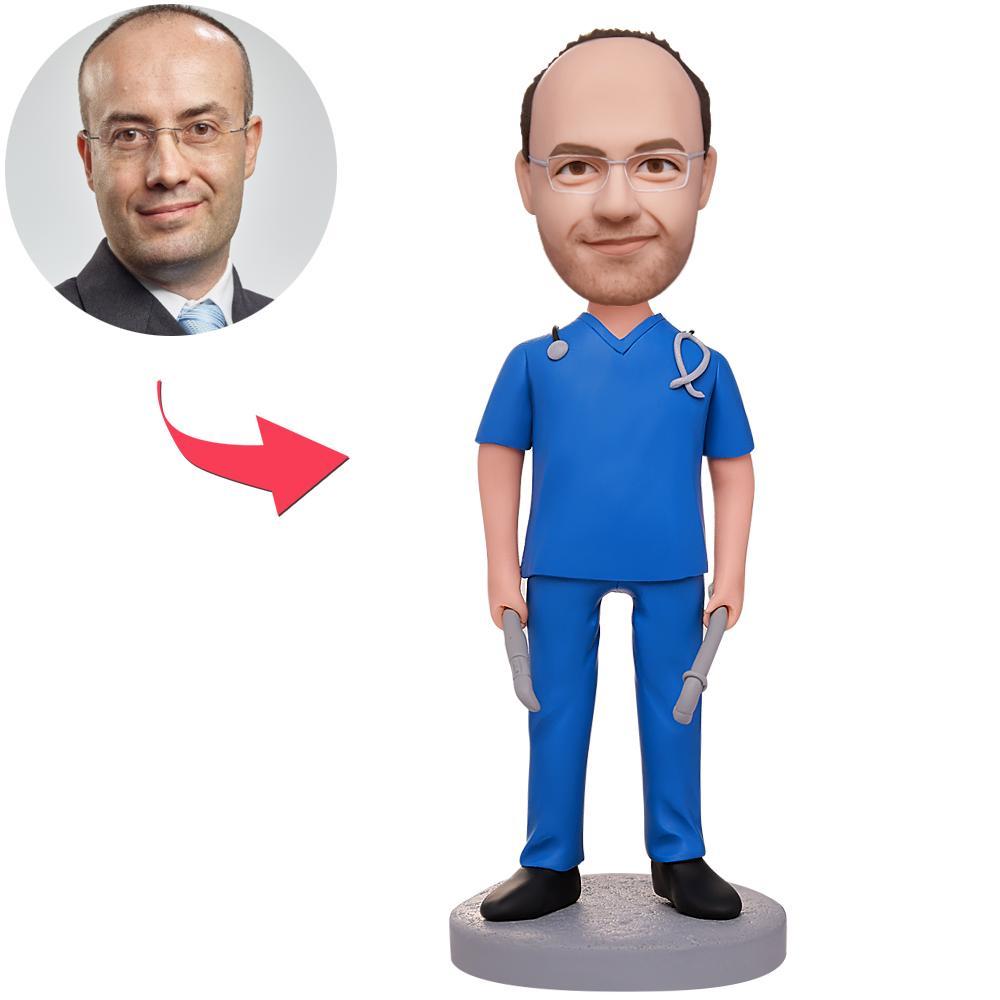 Male doctor custom bobblehead holding medical tools with engraved text on base, polymer clay personalised head, front view