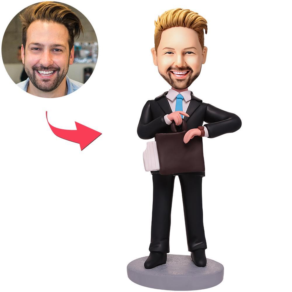 Personalised Business Man custom bobblehead with engraved text on base, head personalised from your photo, checking his watch, handcrafted polymer clay gift