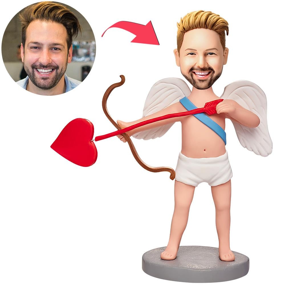 Custom Cupid and Heart Bobbleheads with Engraved Text personalised polymer clay figurine showing customised head and hairstyle, ideal wedding, anniversary and Valentine’s gift for UK and Australia