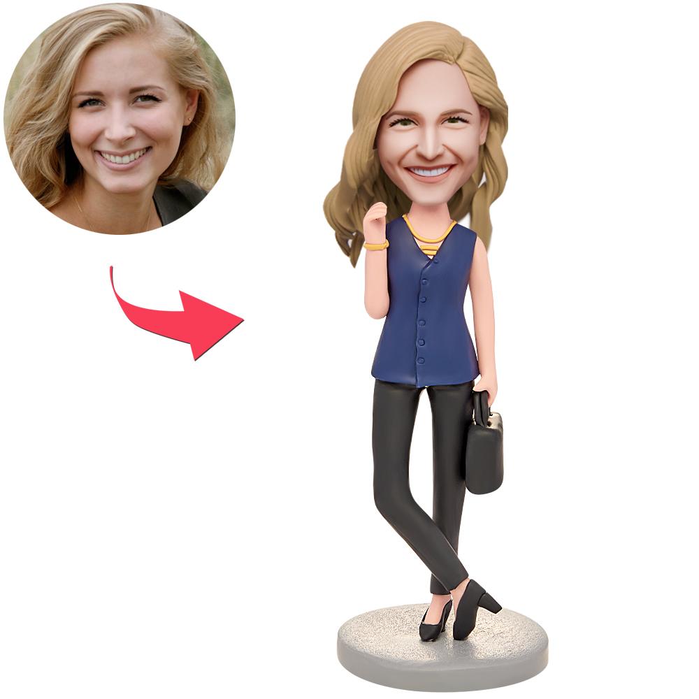 Personalised modern businesswoman bobblehead with engraved base — polymer clay desk ornament featuring customised hairstyle and professional outfit