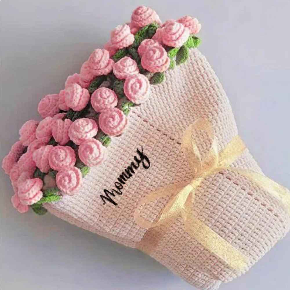 Custom Name Hand-Knitted Rose Blanket Ready-Made Gift for Mother's Day 80cm - 150cm
