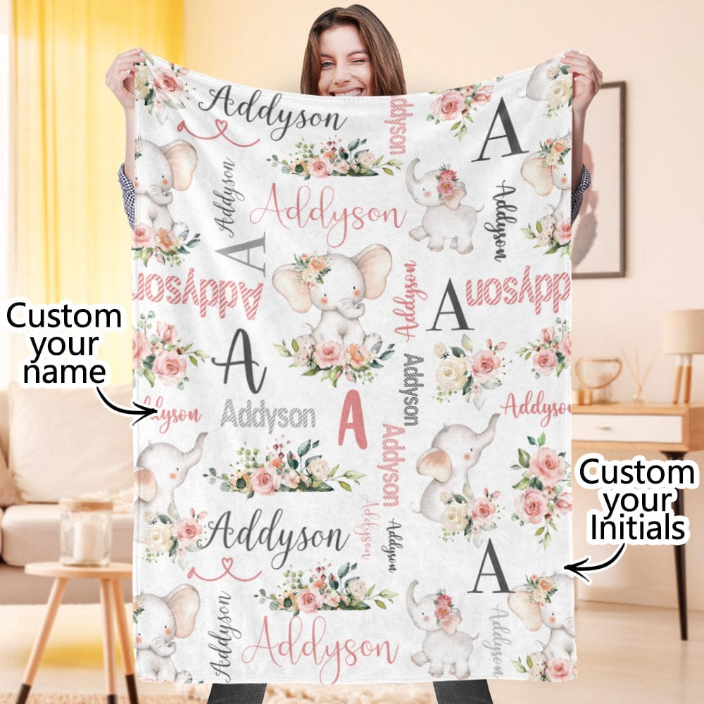 Personalised elephant blanket with floral motif and custom name on soft premium flannel – ideal baby shower gift