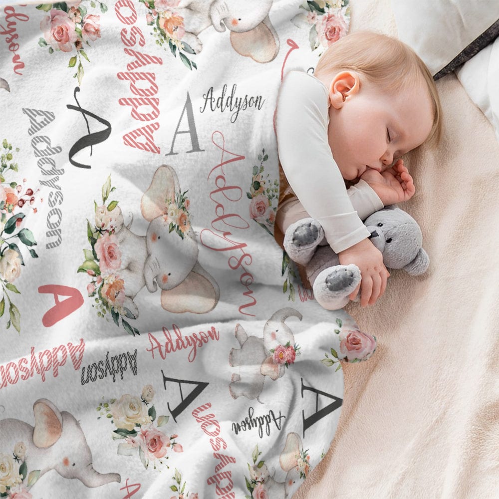 Cozy baby blanket in soft premium flannel featuring elephant design and personalised name