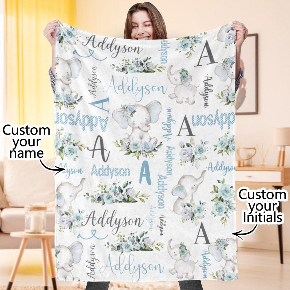 Elephant and floral pattern on baby blanket with custom name and soft texture