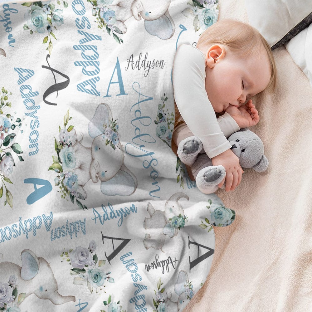 Nursery-ready elephant blanket in pastel colours with personalised name