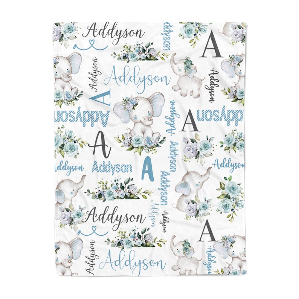 Personalised elephant blanket with floral artwork and name on soft fabric