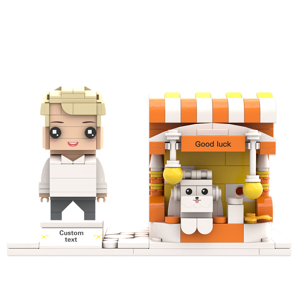 Group of custom brick figures as personalised pen holders — examples of custom brick figures and clothing options for desk tidies