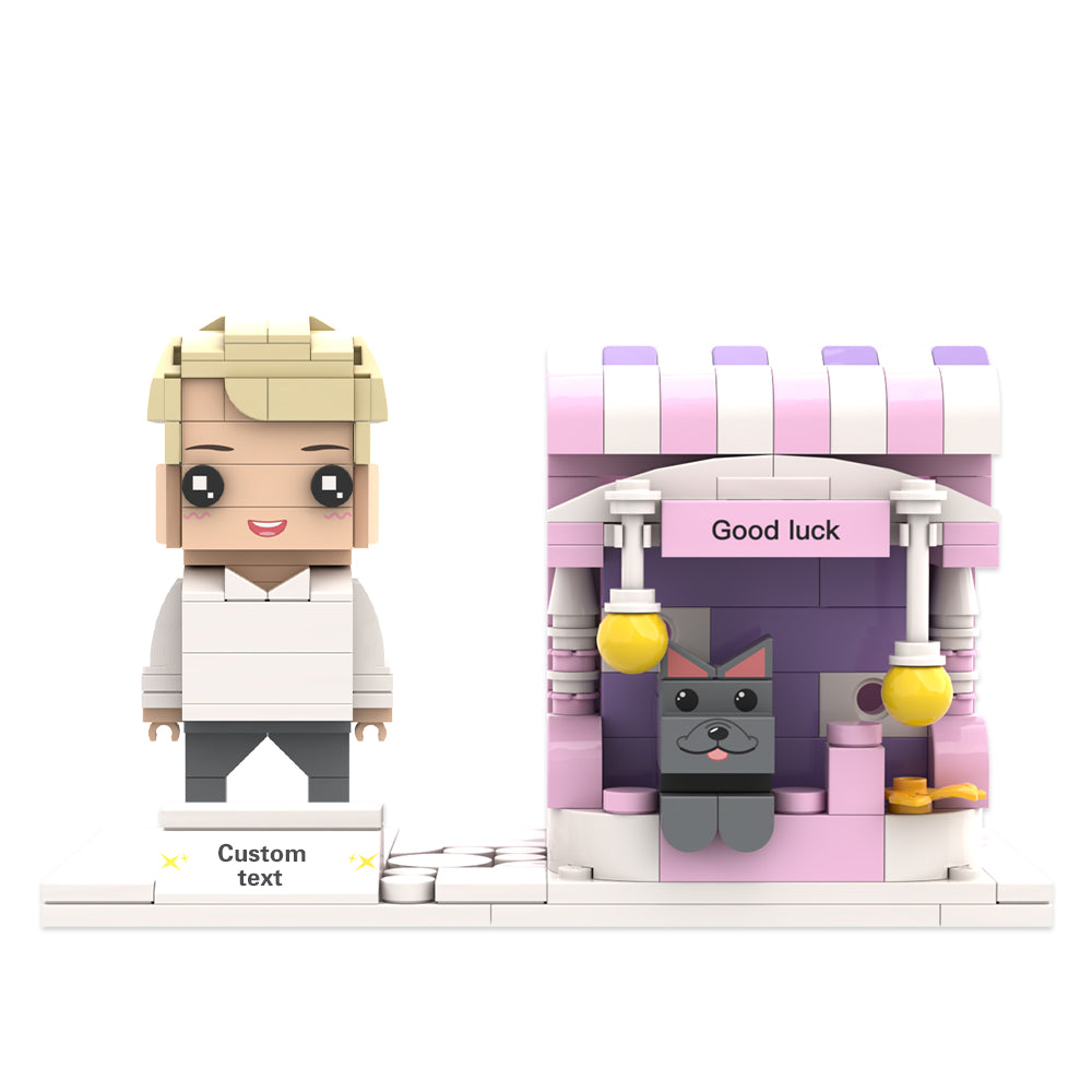 Detail shot of printed clothing and simple accessory options on a personalised brick figure — custom brick figure pen organiser example