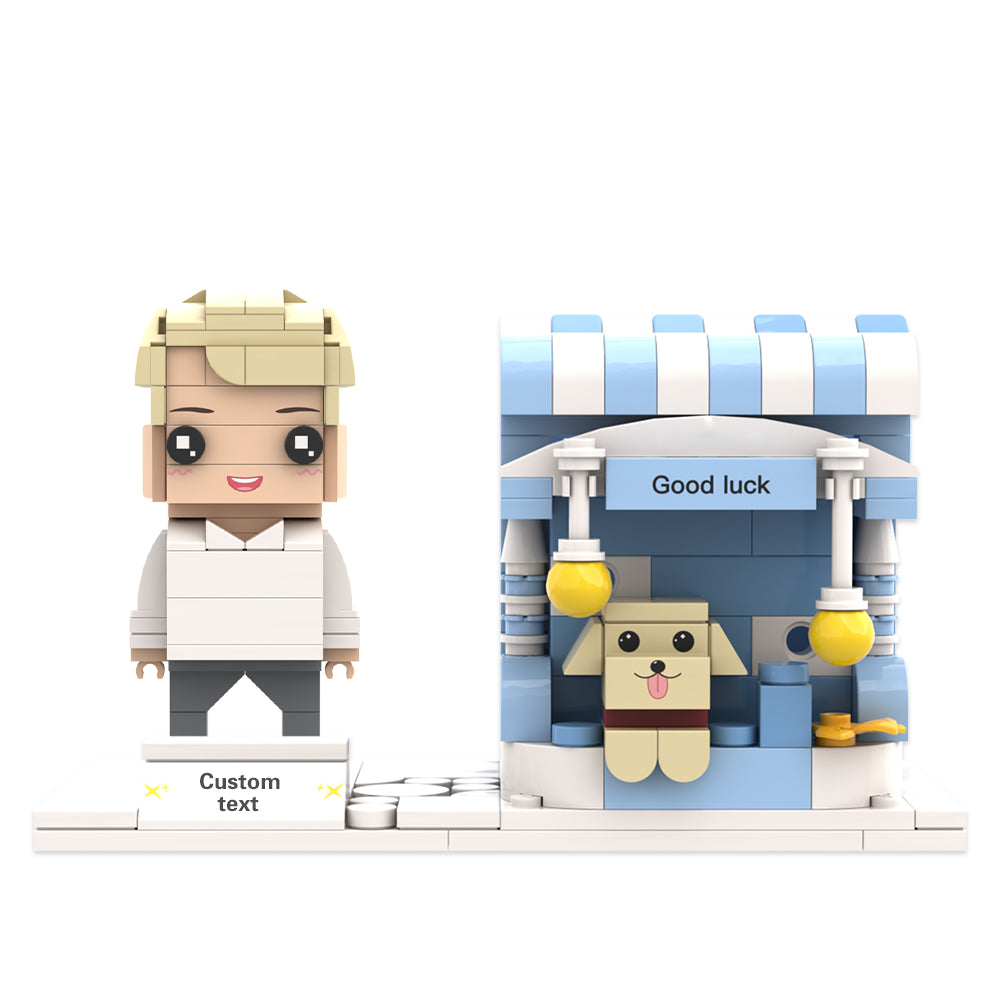 Close-up of bespoke facial customisation on a brick figure pen holder — personalised face gift and keepsake in brick-style design