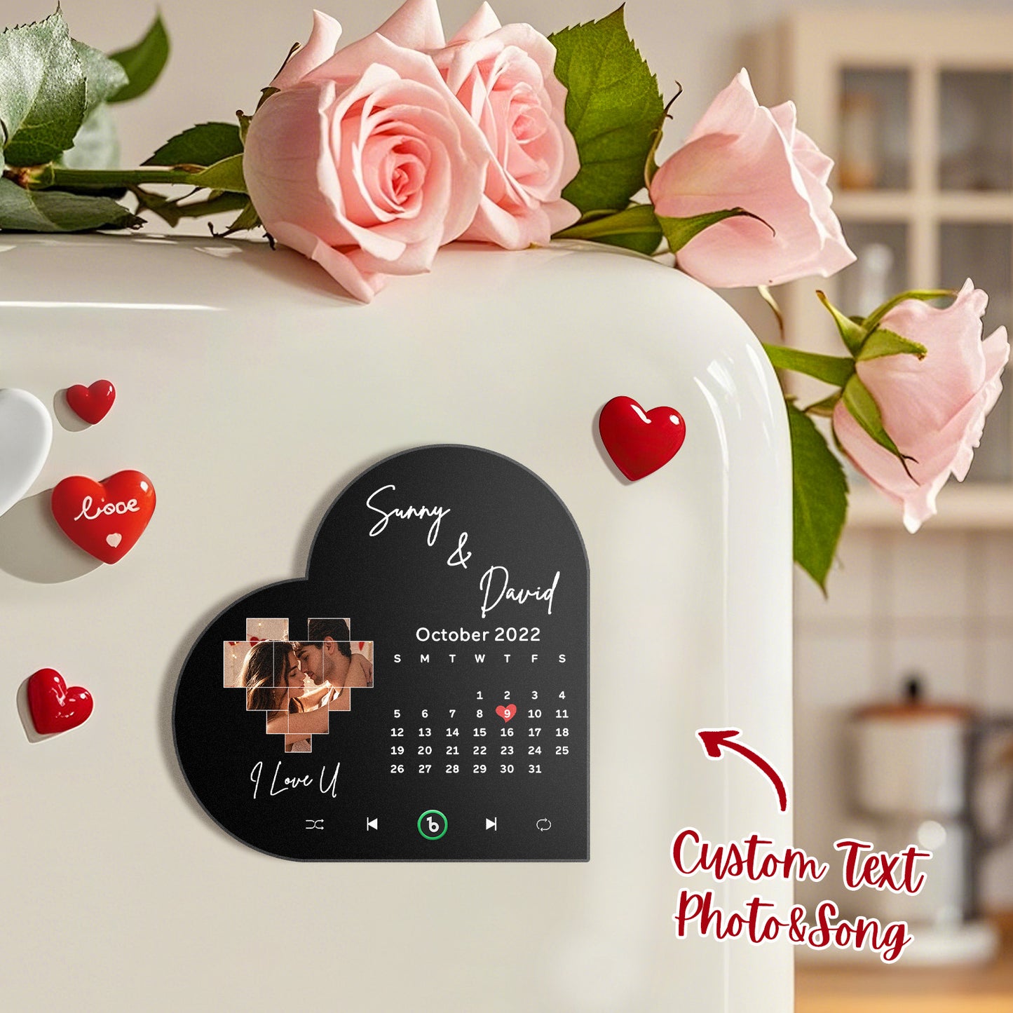 Close-up of acrylic heart frame with high‑resolution printed photo and glossy finish — FridgeBeats personalised waterproof music magnet for kitchen or locker
