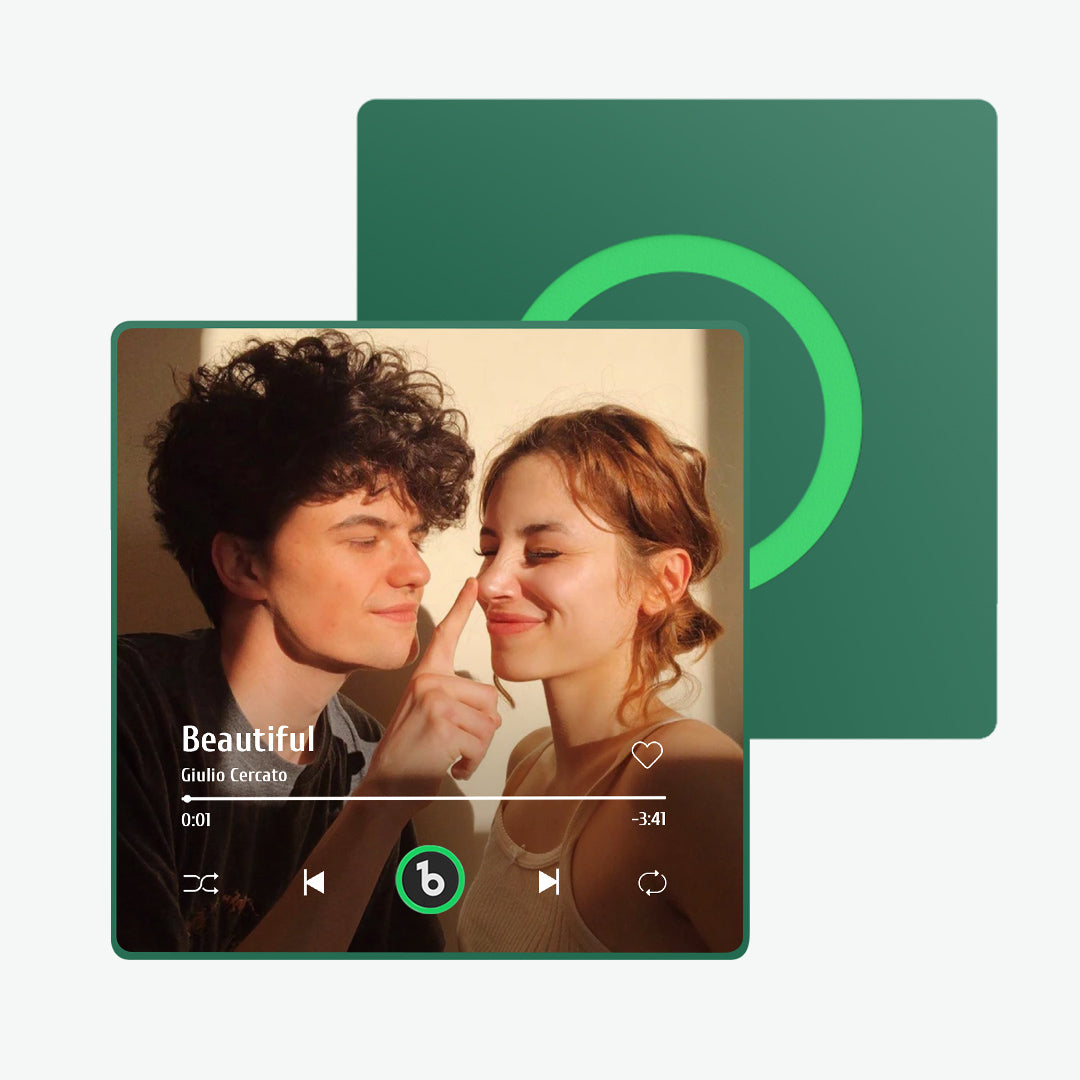 FridgeBeats magnet shown with included USB charging cable – quick 30‑minute charge for up to six hours playback