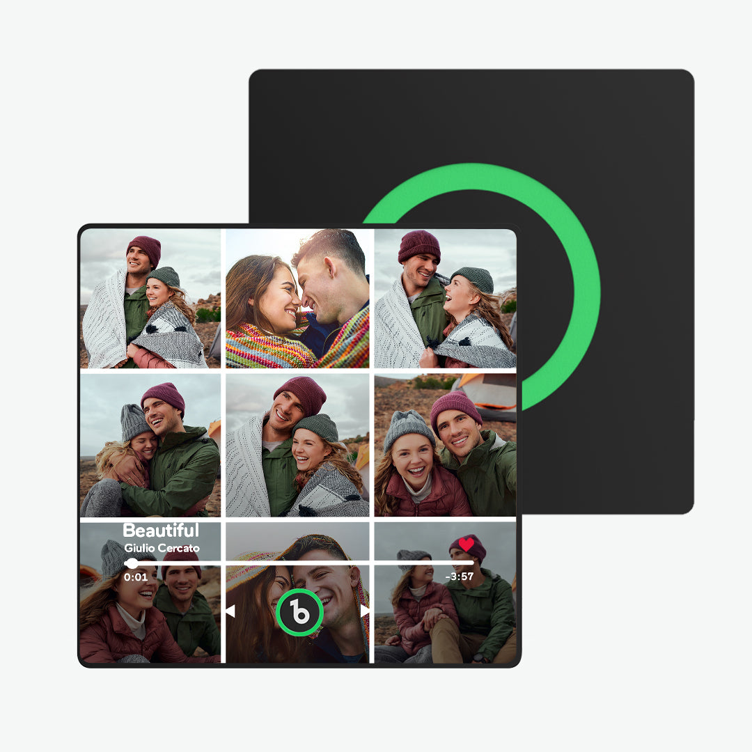 Close-up of FridgeBeats framed personalised music magnet displaying a romantic couple photo — premium waterproof acrylic finish and personalised with your chosen MP3 song