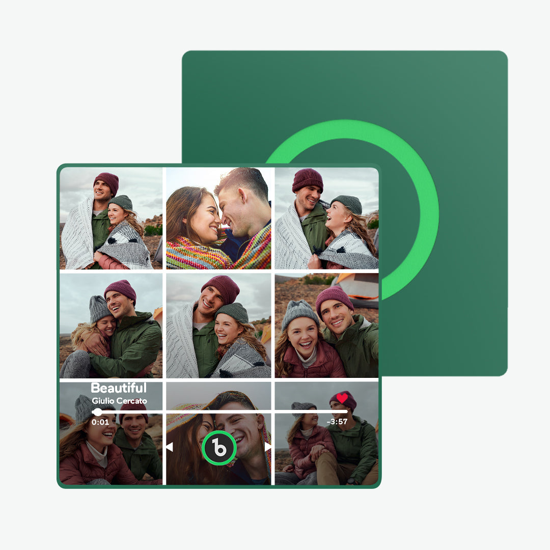 FridgeBeats product packaging with the magnet, USB cable and instruction card laid out — ready-to-gift personalised music refrigerator magnet