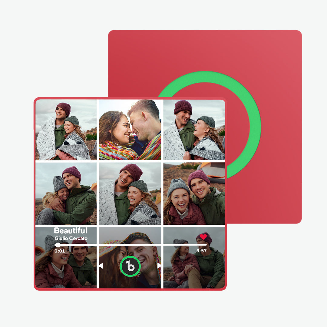 Close-up of the FridgeBeats acrylic frame edge showing glossy print quality and high-resolution photo reproduction for a personalised singing fridge magnet