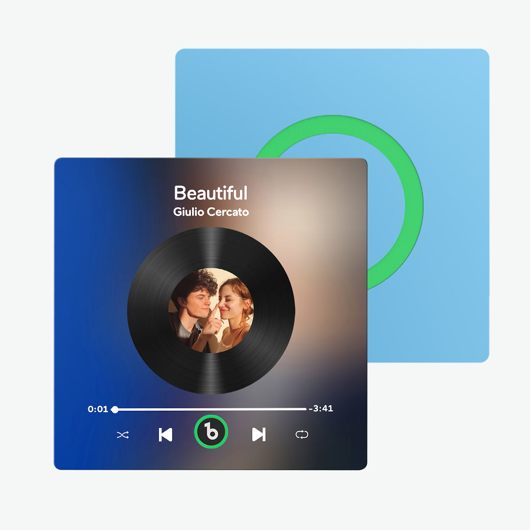 Hand-held view of 10cm FridgeBeats personalised music magnet – compact, splash‑resistant acrylic design