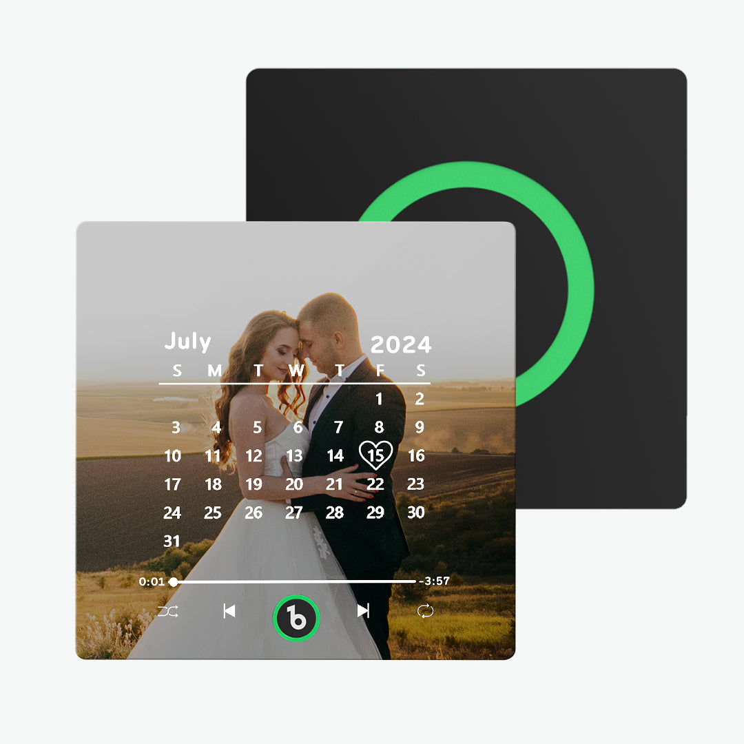 FridgeBeats Personalised Music Fridge Magnet 4.0 — frameless acrylic square showing a custom photo and MP3 play button, personalised wedding or anniversary gift