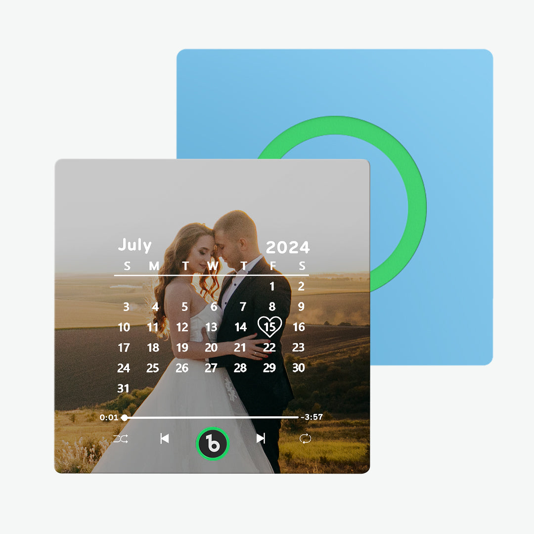 Lifestyle shot of FridgeBeats Personalised Music Fridge Magnet 4.0 on a stainless-steel fridge playing a romantic song — ideal anniversary gift