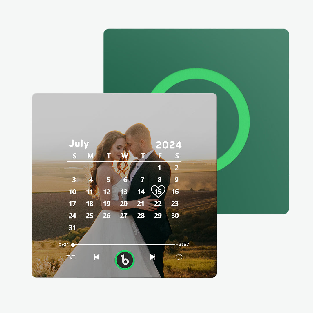 FridgeBeats personalised music magnet with custom MP3 and photo upload displayed on a kitchen fridge — a unique wedding or Valentine’s keepsake