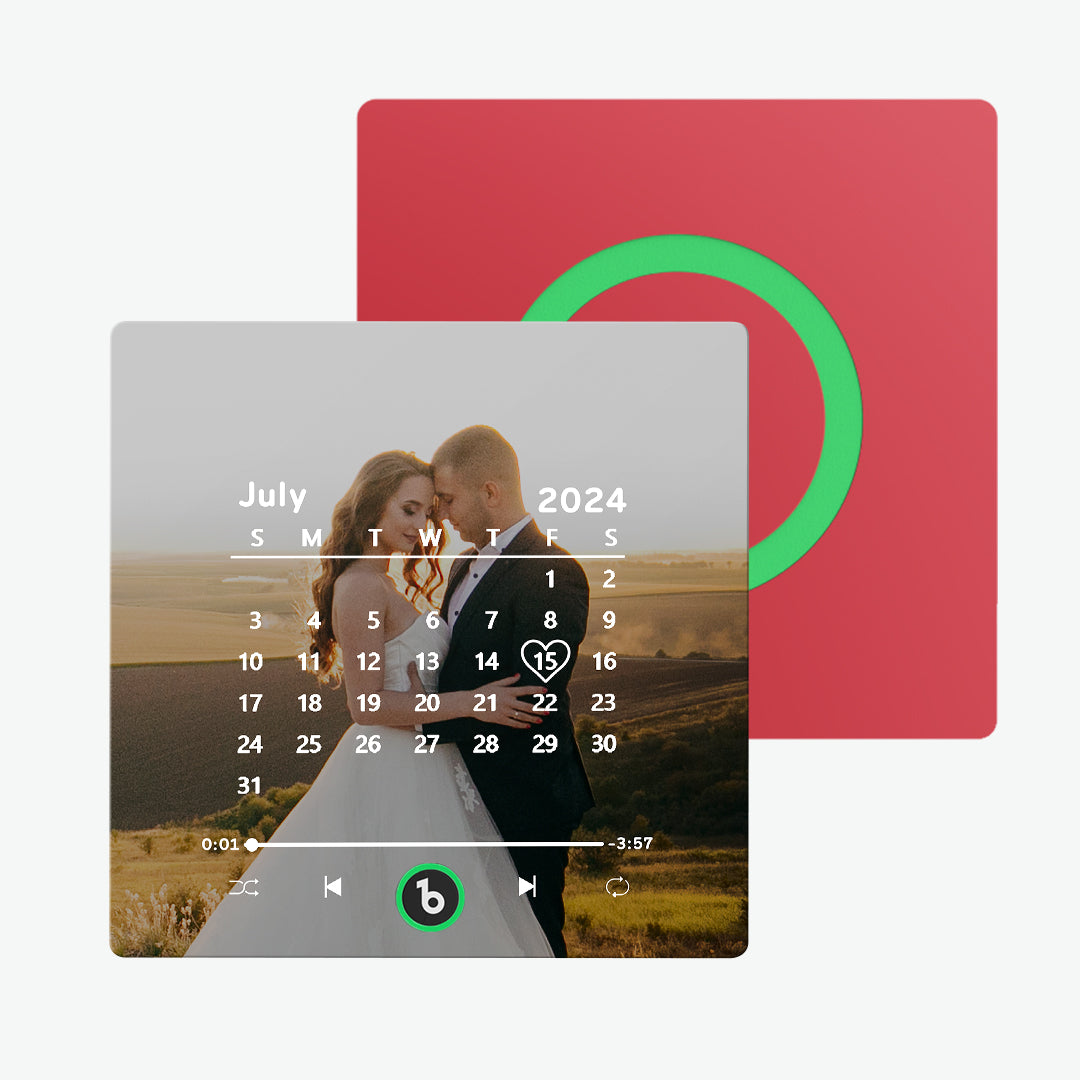 Detailed image of FridgeBeats 4.0 control buttons and durable acrylic face — frameless personalised photo magnet with clear audio playback