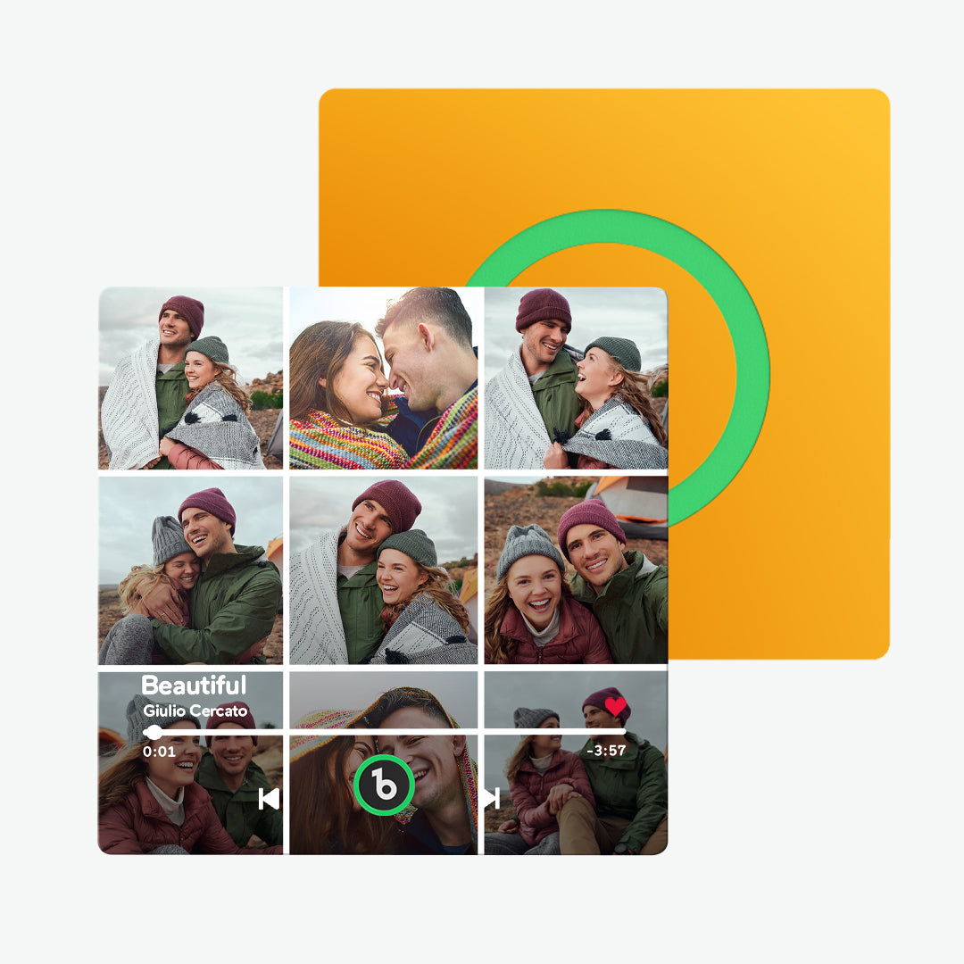 Lifestyle shot of the personalised singing fridge magnet attached to a kitchen refrigerator alongside photos — romantic custom music gift for wife, husband or partner