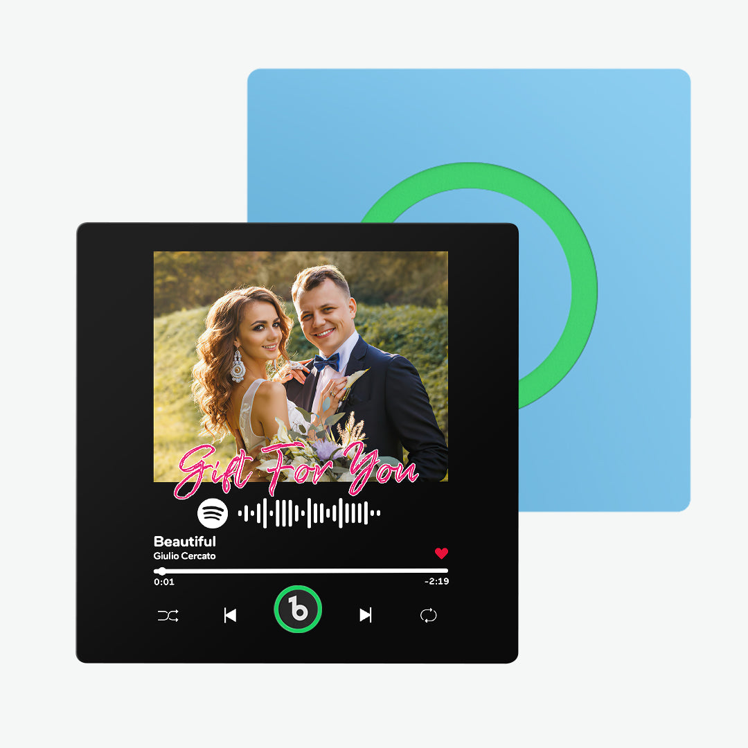 Lifestyle shot of a personalised FridgeBeats singing magnet on a kitchen fridge playing a romantic song — ideal anniversary or Valentine’s Day gift