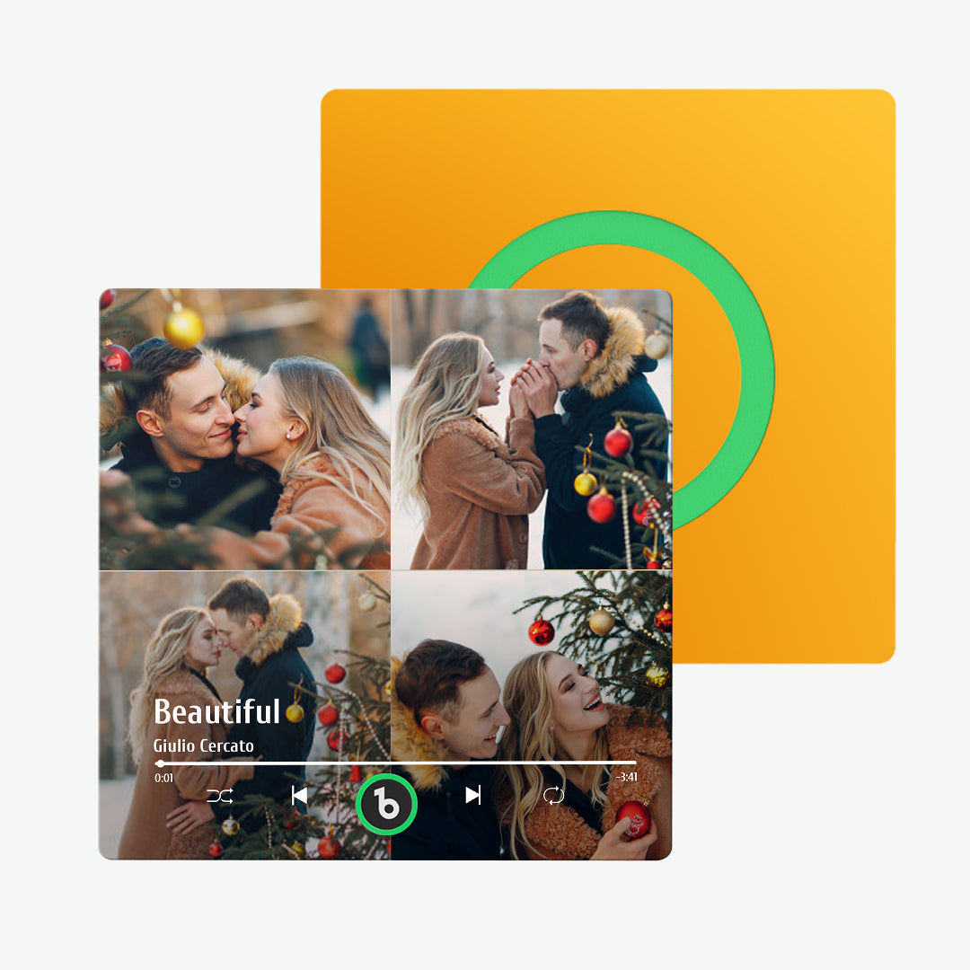 Slim side profile of FridgeBeats frameless personalised fridge magnet, 10cm × 10cm × 1cm acrylic design highlighting compact, durable and waterproof build
