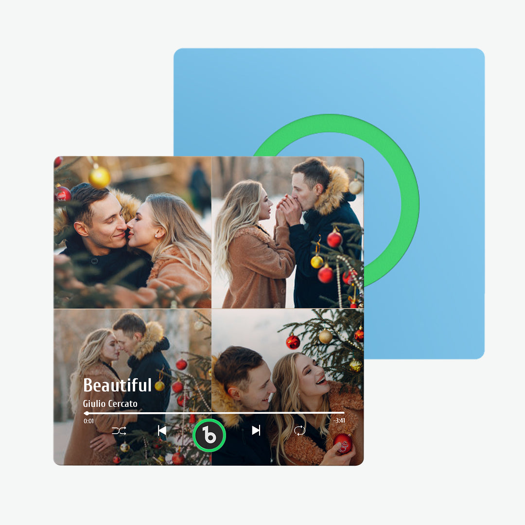 FridgeBeats personalised album magnet with custom photo and text example — playable music fridge magnet for birthdays, weddings and anniversaries