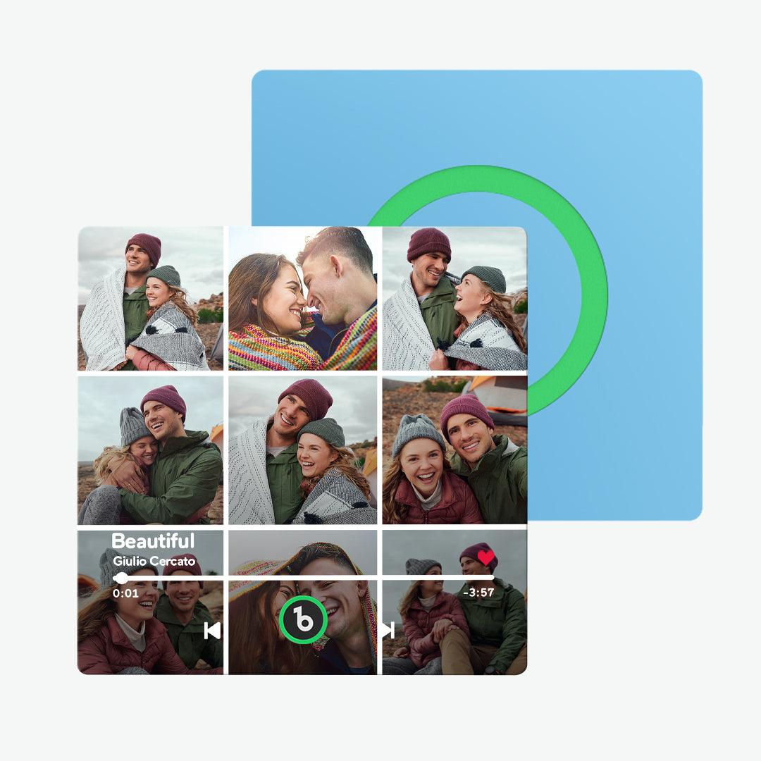 FridgeBeats frameless personalised music fridge magnet with high‑resolution couple photo on acrylic — custom singing fridge magnet and photo sticker gift for couples