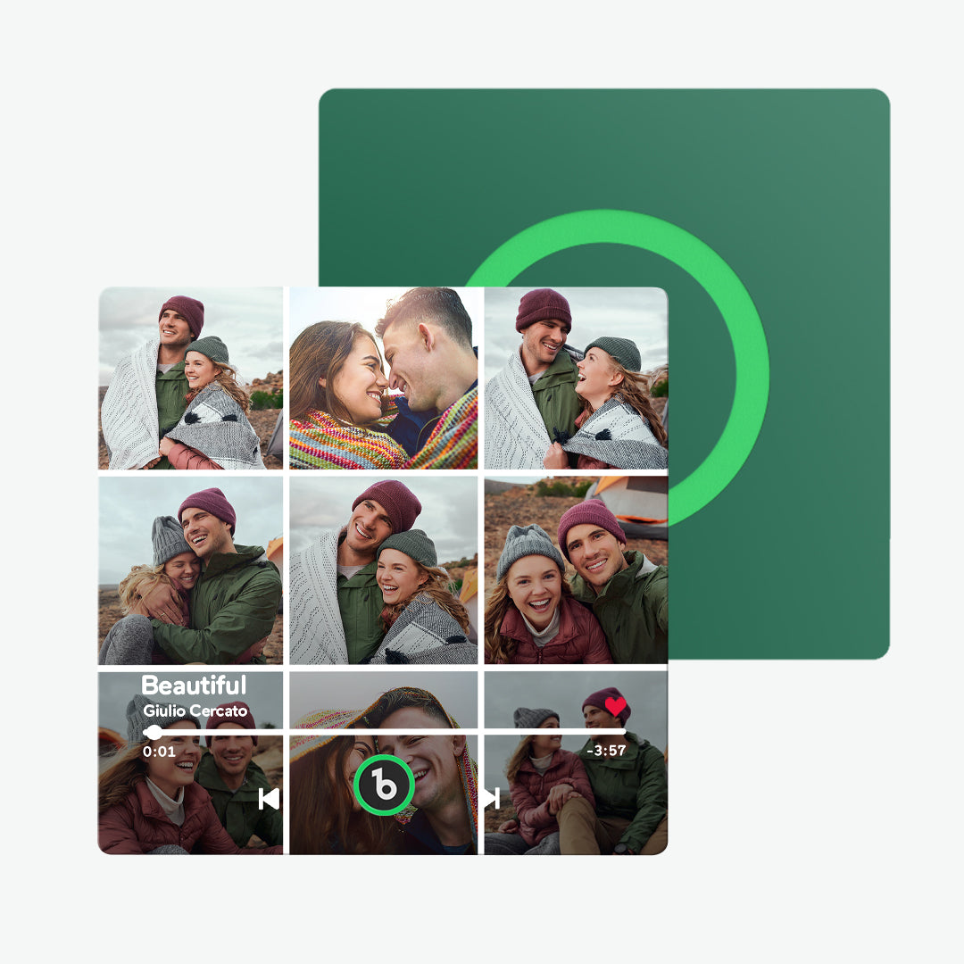 Product packaging and contents for FridgeBeats personalised music fridge magnet — frameless acrylic unit with charging cable, ready as an anniversary or Valentine’s gift