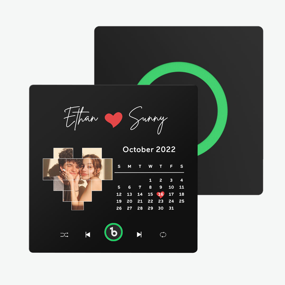 Side view of FridgeBeats 10cm frameless music magnet showing slim 1cm acrylic profile and discreet charging port — personalised photo playback