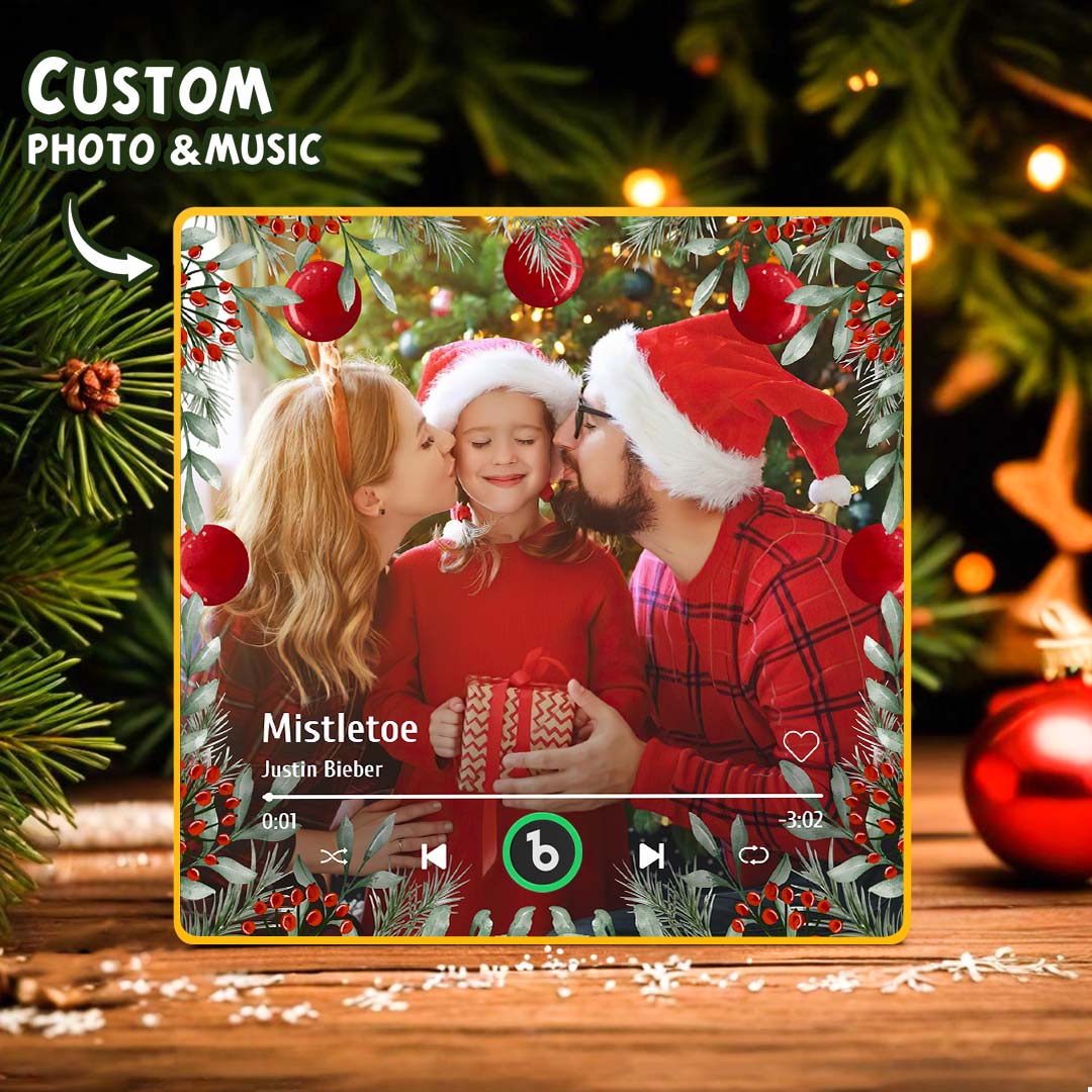 Close-up of FridgeBeats personalised family photo music fridge magnet in clear acrylic frame — MP3-enabled keepsake gift