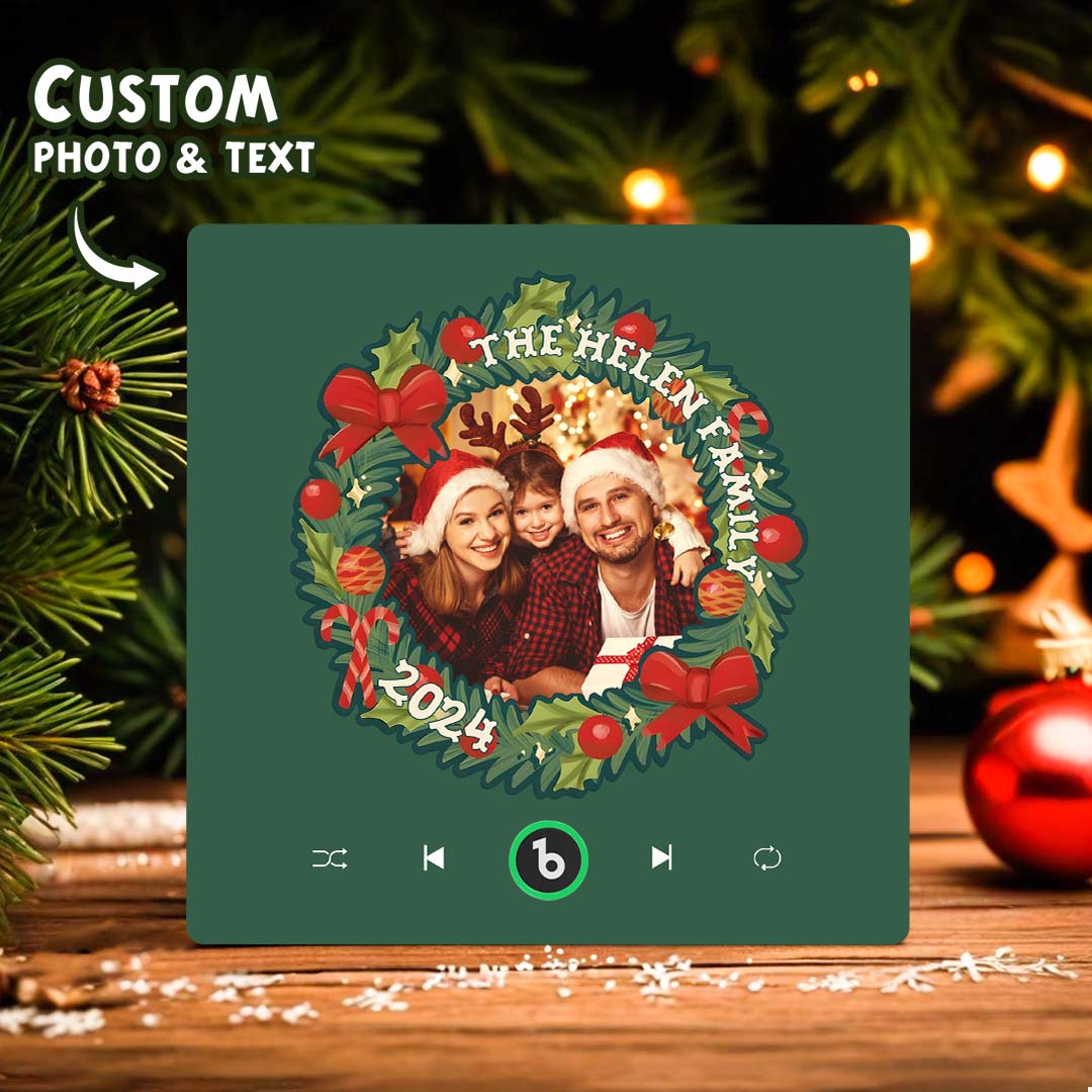 Close-up of FridgeBeats custom music magnet showing high-resolution personalised photo print and play button on durable acrylic surface