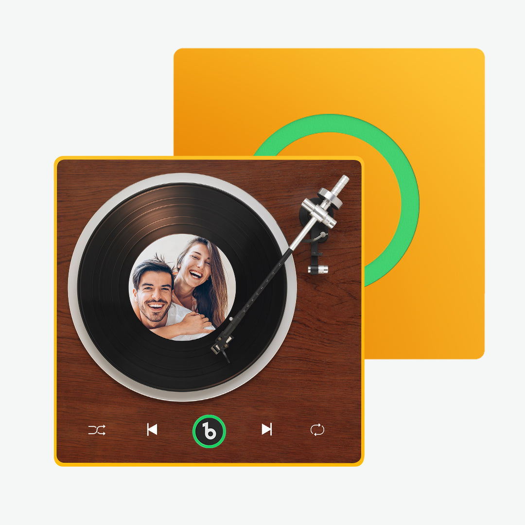 FridgeBeats Framed 4.0 gift presentation with ribbon — personalised vinyl‑style music fridge magnet for anniversaries