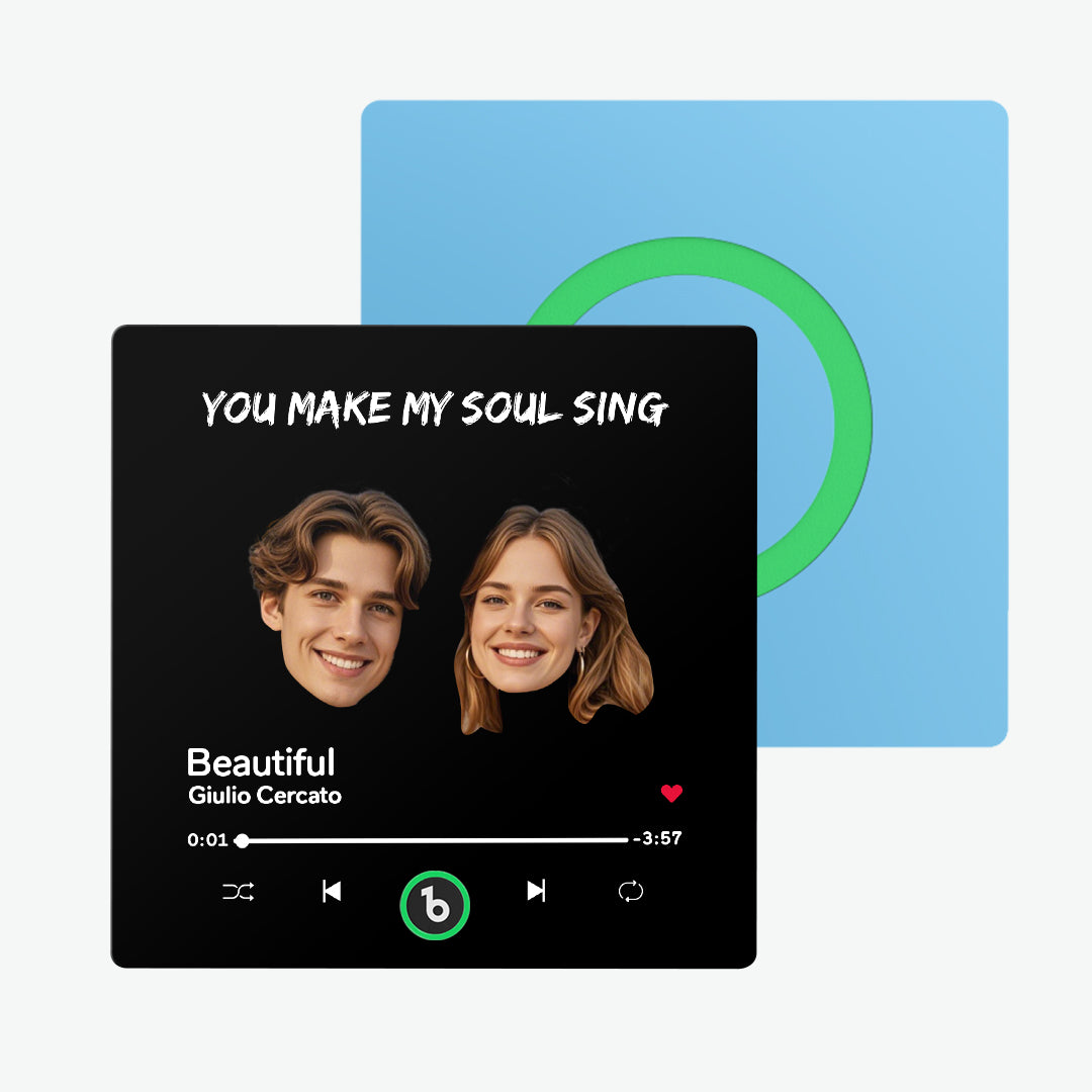 Scale comparison showing 10cm x 10cm frameless personalised music magnet beside a mug to illustrate compact, unobtrusive size