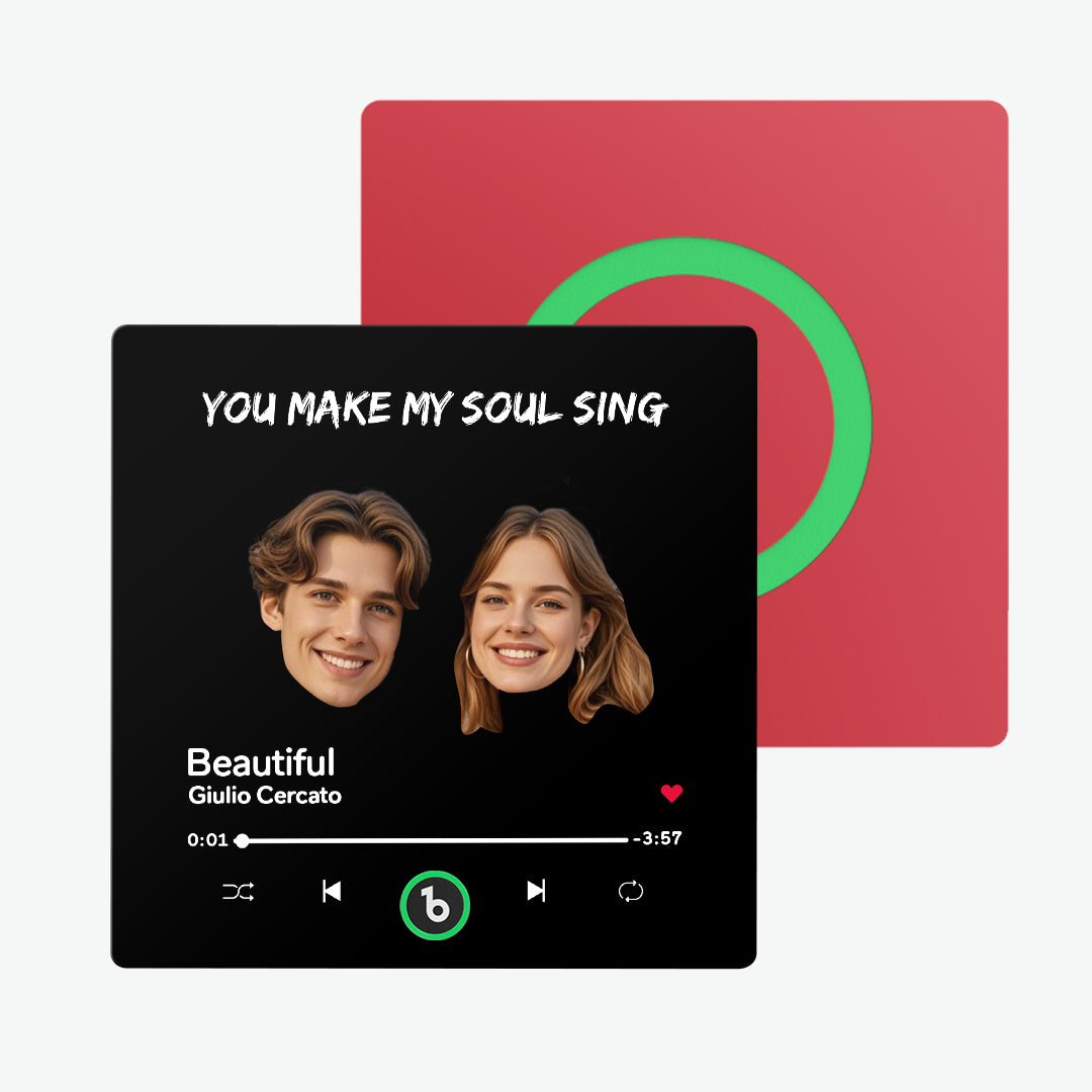 Gift presentation of the personalised music fridge magnet ready for gifting — romantic keepsake for Valentine’s Day and anniversaries