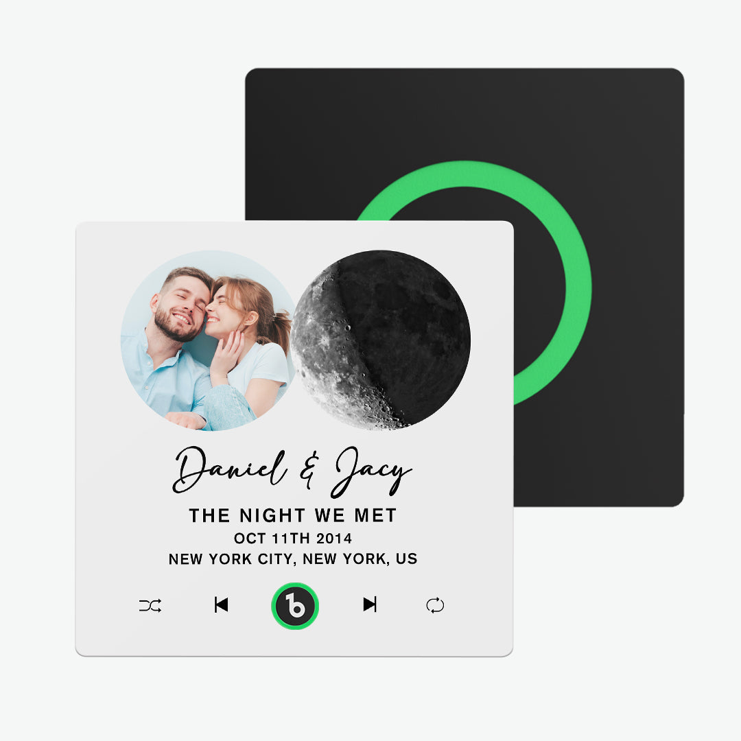 Scale view of FridgeBeats Frameless 4.0 10×10cm moon phase magnet next to everyday items, personalised singing fridge magnet to keep your favourite song on repeat