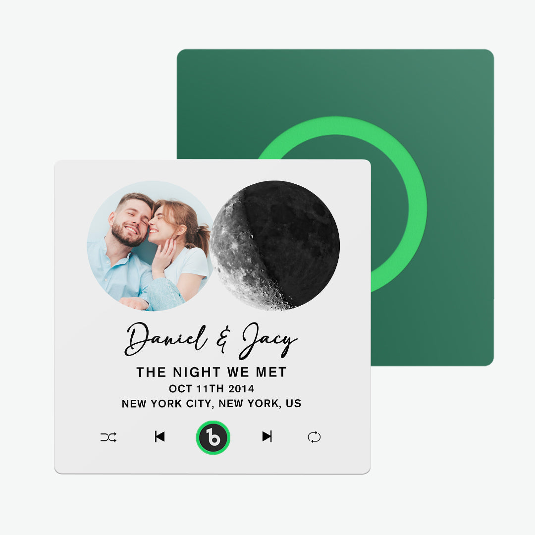 Romantic kitchen scene featuring FridgeBeats Frameless 4.0 personalised music magnet on the fridge – thoughtful Valentine’s or anniversary custom song gift