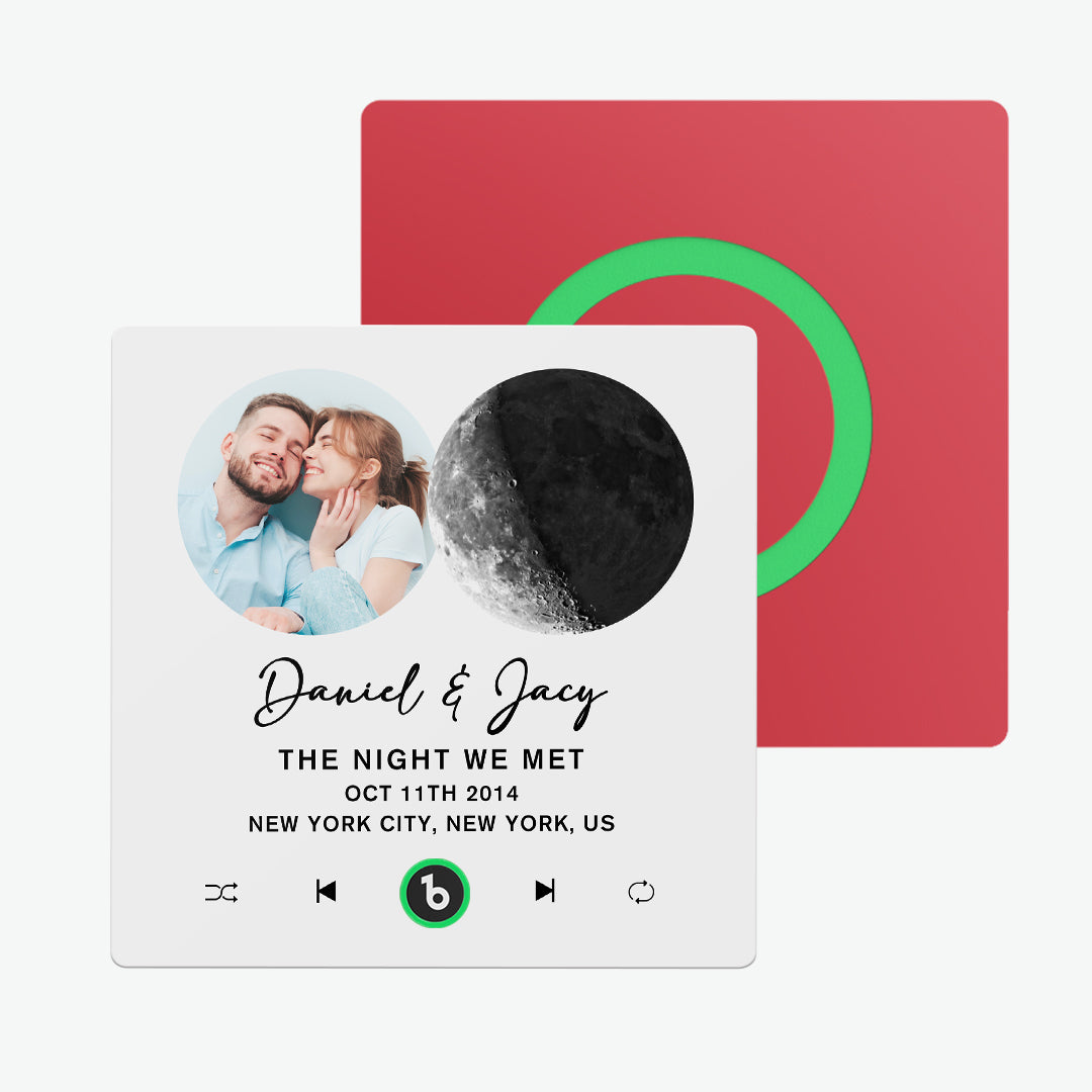 Detail shot of durable acrylic finish on the FridgeBeats Frameless 4.0 moon phase music magnet, waterproof and low‑power — perfect personalised music gift