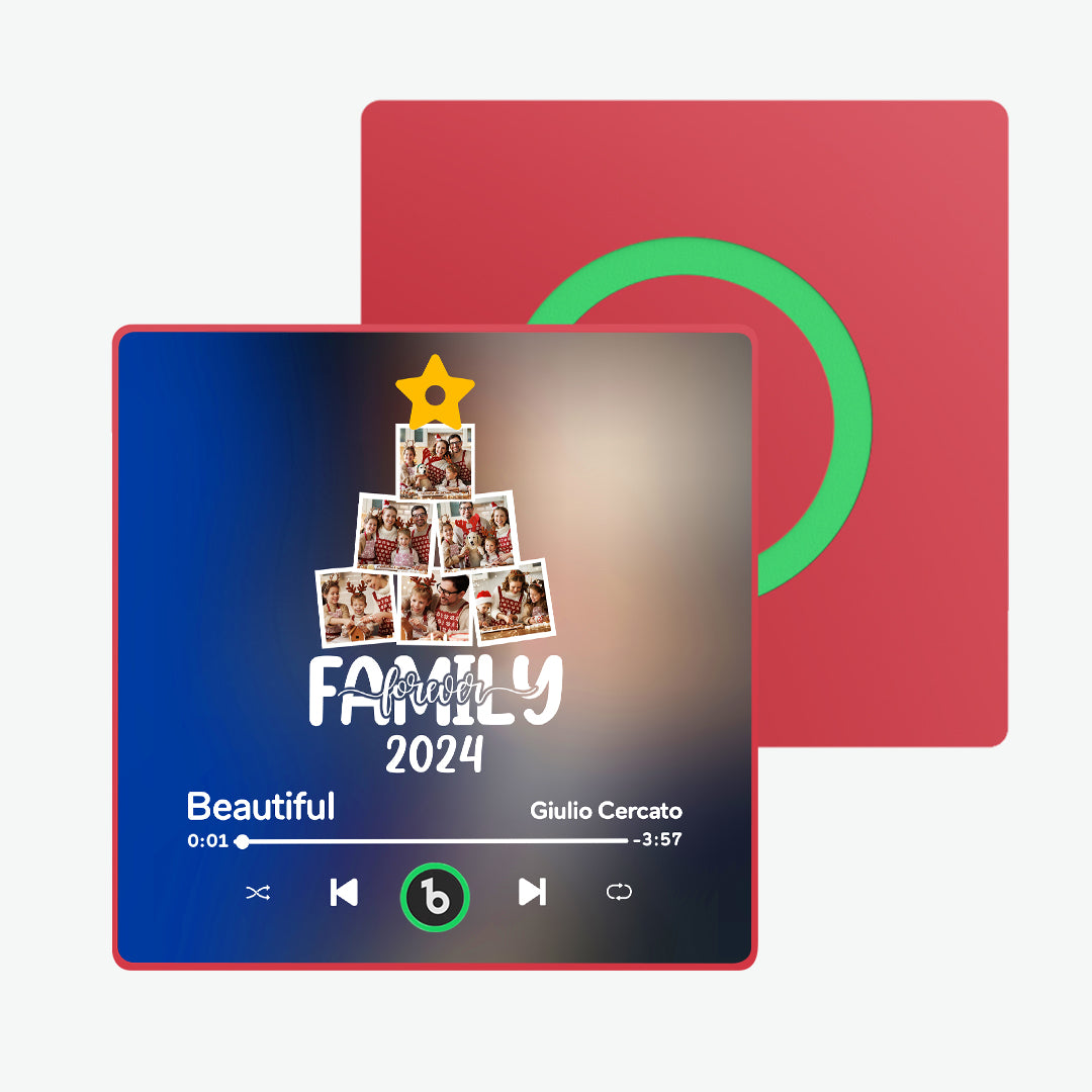 Lifestyle shot of personalised photo magnet clipped to a kitchen fridge playing a favourite song — ideal Valentine’s or housewarming gift