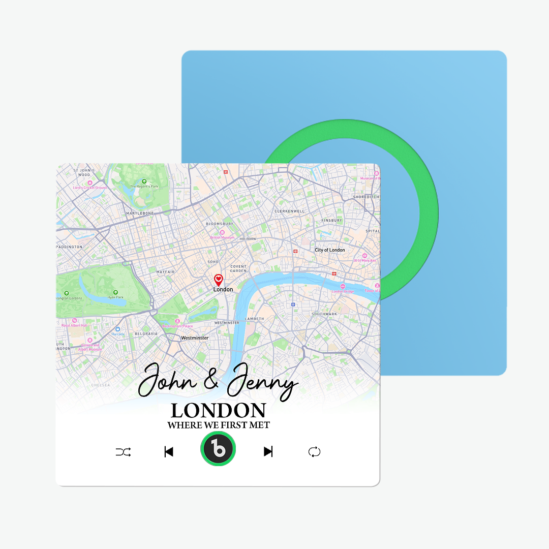 FridgeBeats acrylic frameless music fridge magnet flat lay — compact 10cm personalised map design, rechargeable and waterproof